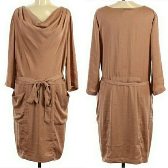 BCBGMaxAzria Alex Cowl Neck Dress Short Sleeve Belted Peasant Satin Rose Gold M - Picture 14 of 14